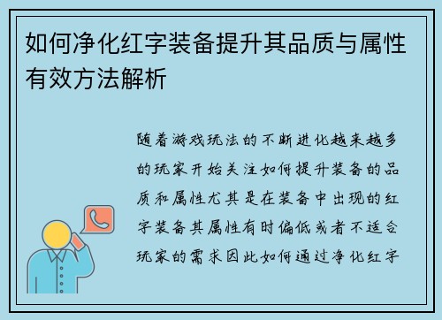 如何净化红字装备提升其品质与属性有效方法解析